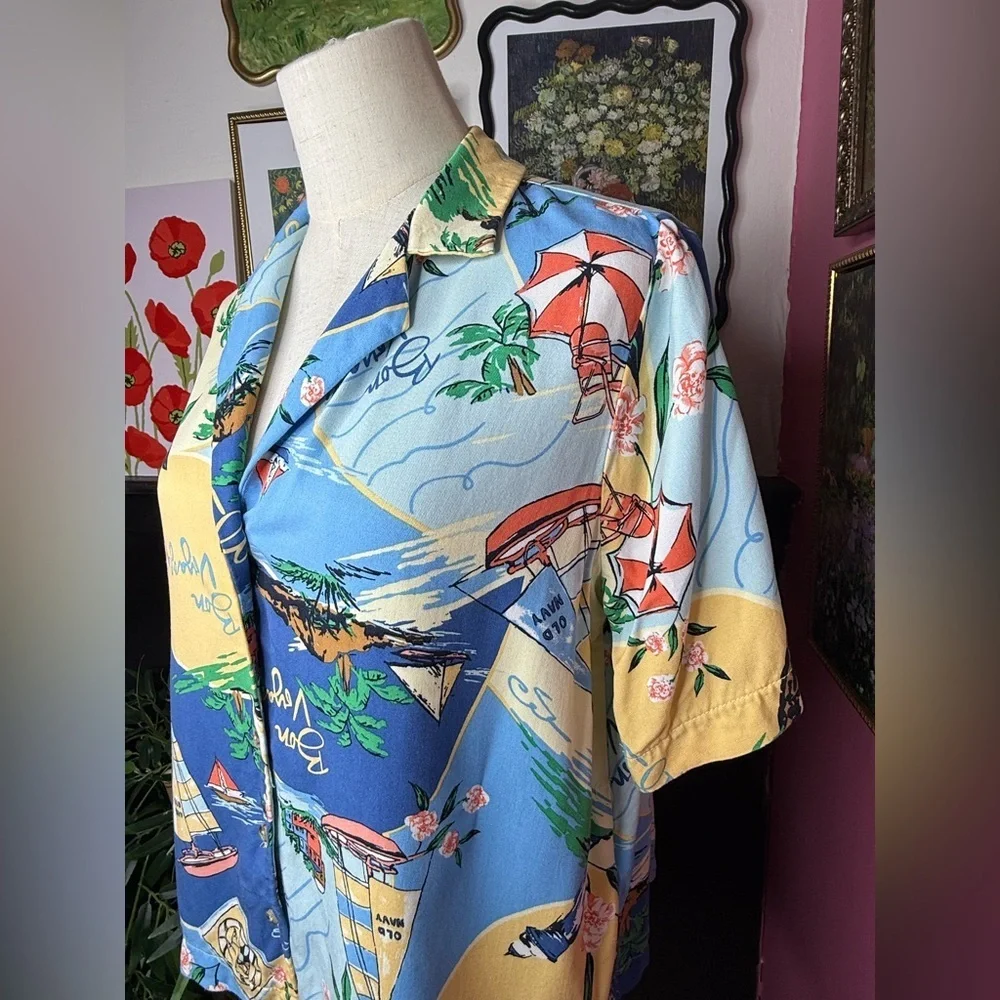 NEW Old Navy Women’s Button-Down Playa Shirt “Bon Voyage” Print Blue Sz S